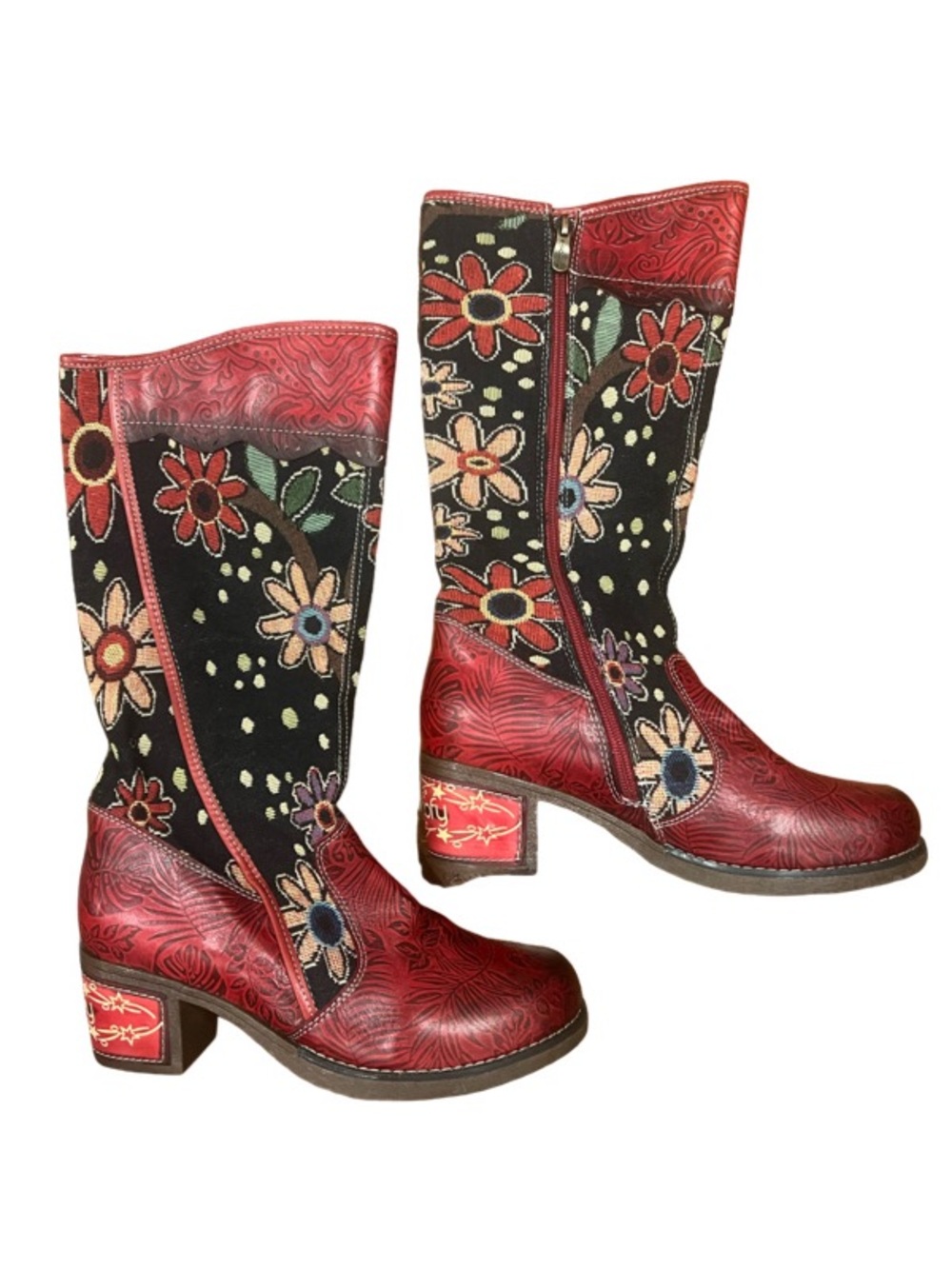 Socofy Red Floral Print Mid-Calf Women's Boots